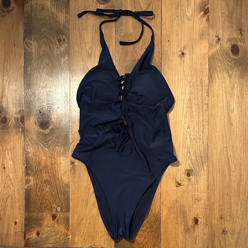 Aerie Lace Up Deep Plunge Low Back Halter Navy Blue One Piece Swimsuit